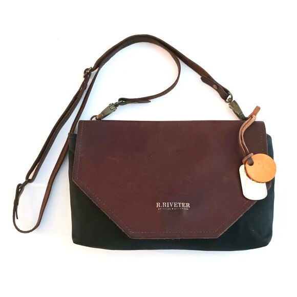 R. Riveter Patton Crossbody Brown Leather Flap Blk Canvas American Handmade - Picture 1 of 12